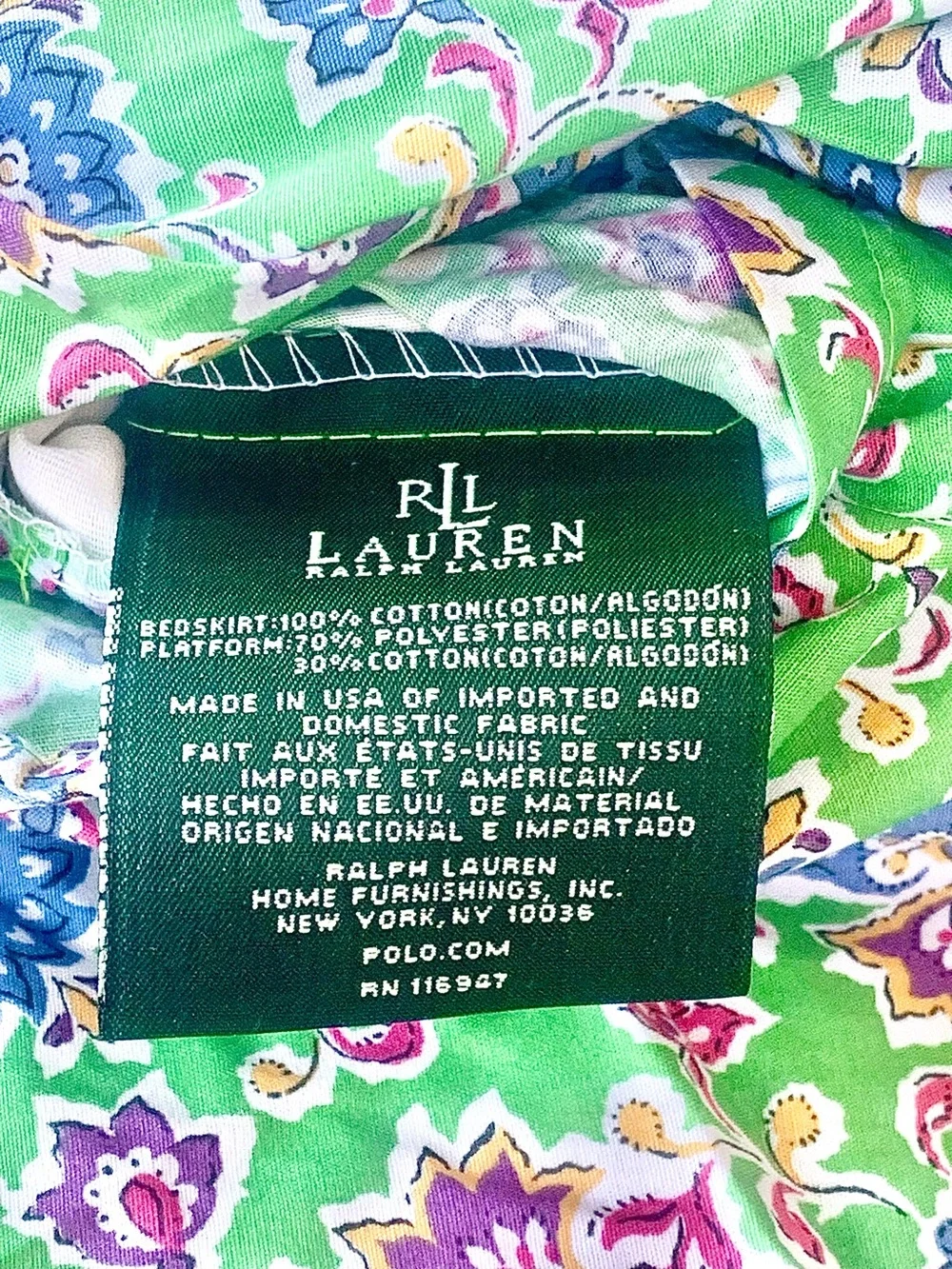 RALPH LAUREN QUEEN BEDSKIRT HAMPTON BEACH CLUB GREEN FLORAL NWT OLD STOCK VINTAG
